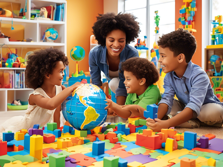 Rengarenk 3D puzzle oyuncakları ve küresi olan bir aile.